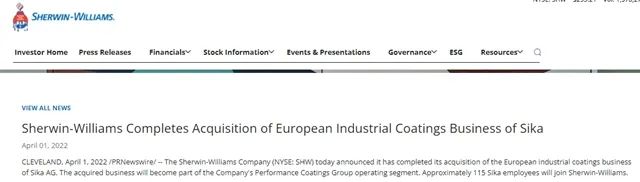 4月1日,宣伟在公司官网宣布,已经完成了对西卡公司洲工业涂料业务的收购 4月1日,宣伟在公司官网宣布,已经完成了对西卡公司洲工业涂料业务的收购